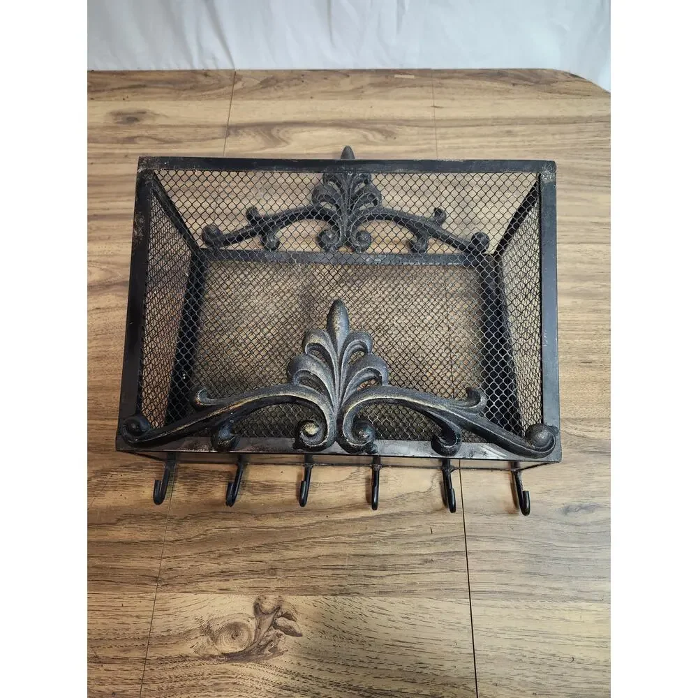 Vintage Black Hanging Wall Basket Storage Wrought Iron (?) Hooks Entry Way...